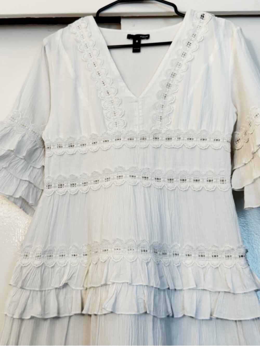 Aqua White Tiered Lace-Trim Midi Dress - Picture 2 of 4